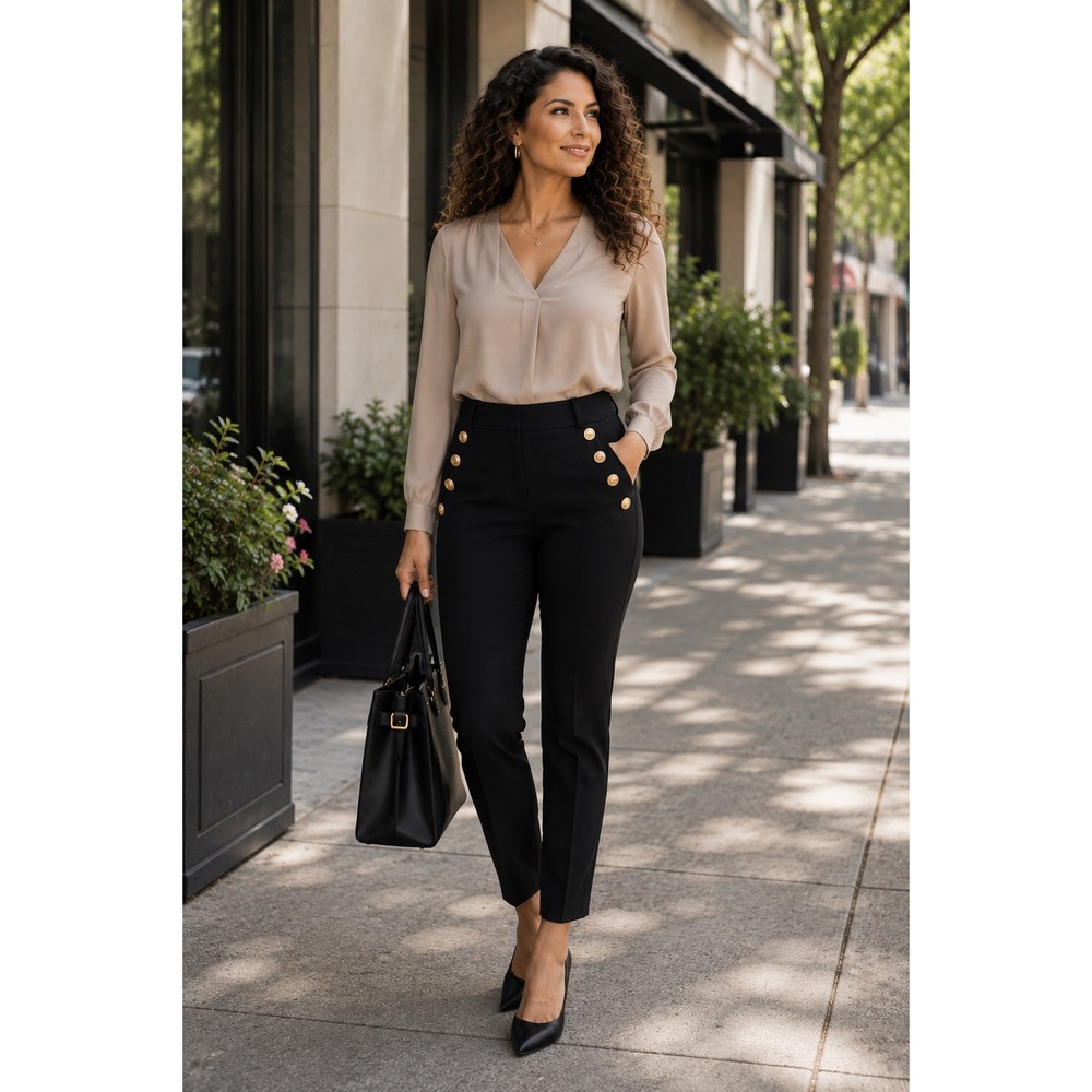 BHWM Womans 14 Straight Ankle Pants Classic Lux Stretch Black Gold Button Detail